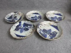 GW限定価格】美品/蔵出 九谷焼 染付 金彩 色絵 山水画 中皿 輪花皿
