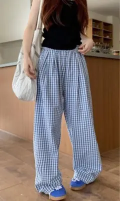 miniminiStore青と白のギンガムチェック ワイドパンツ新品未使用品