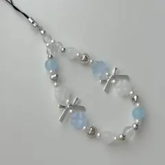 【No.226】ビーズストラップ　ビーズキーホルダー　水色　クローバー　y2k