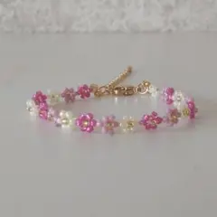 ビーズブレスレット 花 ベリー×ピンク×イエロー×ゴールド フラワー 苺 桃色