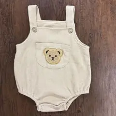 SHEIN☆ベージュ クマ刺繍 オーバーオール