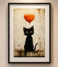 黒猫とオレンジのハート風船 アート 30×40cm