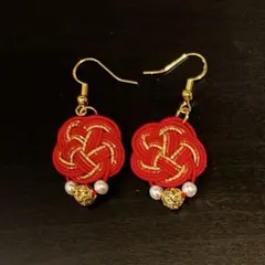 【水引ピアス】梅結び 赤×ゴールド