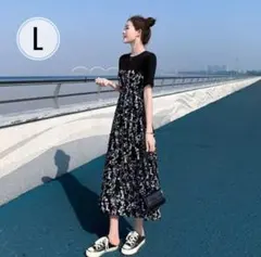 【シアー切替】花柄ロングワンピース シフォン袖 ブラック L相当 フレア