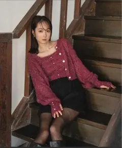 mideal パープル ボタン付きニットカーディガン