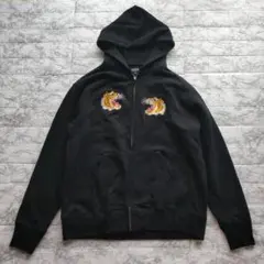 【XL】東洋エンタープライズ　両面刺繍　ジップアップパーカー　虎　龍　鷹　黒のサムネイル