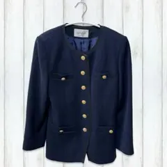 ネイビー ノーカラージャケット Mサイズ テーラード 金ボタン レディース