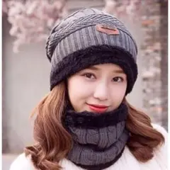 【グレー】大人気！ ニット帽 & ネックウォーマー 2点セット ふわふわ 防寒