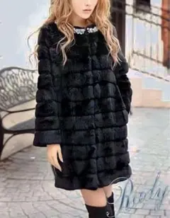 rady レディ ノーカラー ビジュー ファー コート 黒