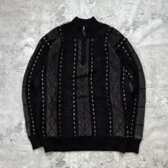 幾何学柄 ハーフジップ 長袖 ニット セーター L 黒 古着 総柄