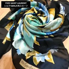 Yves Saint Laurent ネイビー☆シルク100%☆花柄スカーフ美品