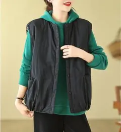 中綿入り カジュアル 暖かい ベスト アウター レトロ ラウンドネック 無地