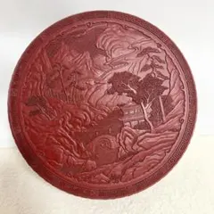 展示品】堆朱調 菓子器 丸盆セット 楼閣山水図 カシュー塗装 漆器風
