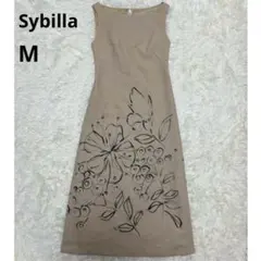 Sybilla シビラ ロングワンピース ノースリーブ ウール混 ベージュM 花