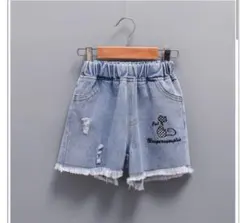 【新品未使用】デニム　ショートパンツ　ショーパン　猫刺繍　子供　キッズ　ダメージ