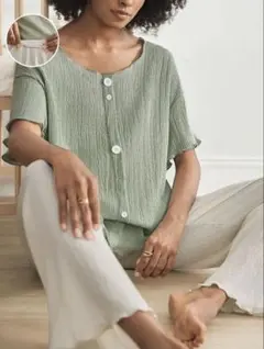 マタニティ　大きめサイズグリーン・ホワイト ルームウェア セット