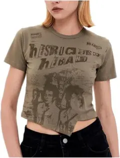 y2k オリーブグリーン クロップドTシャツ　アシンメトリーグラフィック