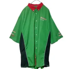 希少 ヴィンテージ 2XL〜3XL相当 企業物 ワークシャツ緑 バック刺繍ロゴ
