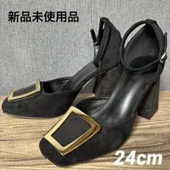 新品未使用 黒 ブラック スエード ハイヒール スクエアトゥ 金具 24cm