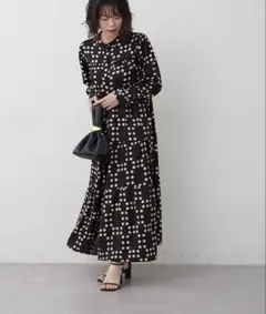 NAOドット柄ロングシャツワンピース ブラック