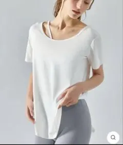 YOMO ランドヘム 半袖 ゆったり 体型カバー ロングWHITE TシャツL