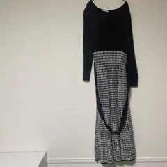 [美品] PROPORTIONレディースワンピース長袖　(M) 黒白チェック柄