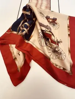 9149馬車柄大判スカーフ高級シルク100%