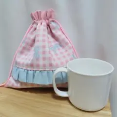 可愛いリボン×チェック柄♡フリル巾着袋 コップ袋　給食袋　ピンク×ライトブルー
