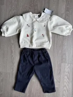 アイボリー刺繍トップス＆ネイビーパンツセット