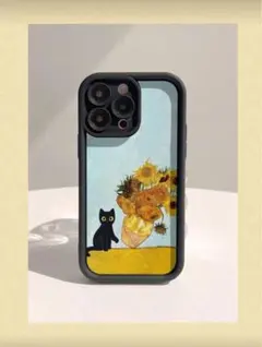 iPhone16用ケース ひまわり×黒猫デザイン 海外製 おしゃれで個性的