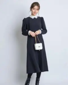 アプワイザーリッシェダークネイビー 長袖ワンピース 襟付き　美品