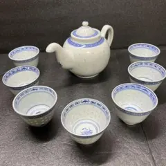 中国茶器　景徳鎮　急須　蛍手湯呑み7個セット