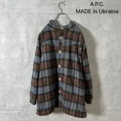 OLD A.P.C. チェック柄 ウール フード付きコート ウクライナ製 N57のサムネイル