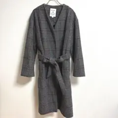 ✨良品✨ ニコアンド 4 ノーカラーコート ロング ウール 紐ベルト付 チェック