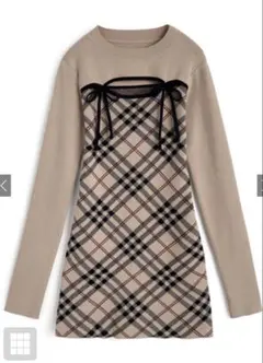 美品　GRL チェック柄フロントオープンリボンニットミニワンピースru1372