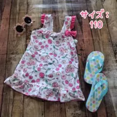 S2122★マカロン＆チェリー柄ワンピース水着（110）フリルリボン付き女の子