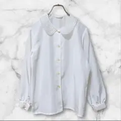 日本製ポリシャツブラウス白ホワイト無地シンプル刺繍襟ヴィンテージ古着卒業式入学式