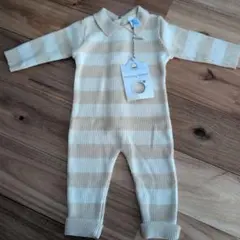 Petit Bateau ベージュ/ホワイトストライプロンパース　ボーダー