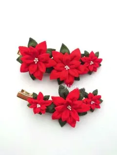 T35 髪飾り つまみ細工 ポインセチア カーブヘアクリップ２点セット