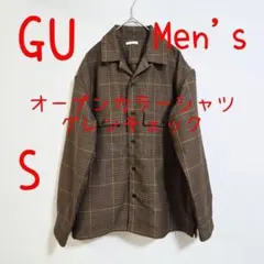 GU ジーユー オープンカラーシャツ グレンチェック 長袖 S ブラウン
