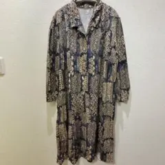 【レトロ古着】総柄 ロングワンピース シャツワンピ ネイビー 幾何学模様 L相当