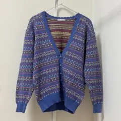 【古着】柄 幾何学模様 ニットカーディガン 青