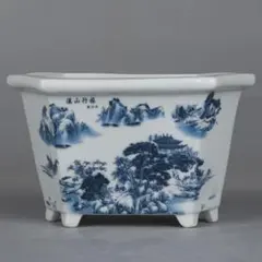 青花渓山行旅山水紋六方鉢 多肉菖蒲盆栽 植木鉢 小品盆栽鉢 大品盆栽鉢