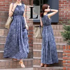 新品 夏 L ロング ワンピース ノースリーブ サマードレス 花柄 リゾート韓国