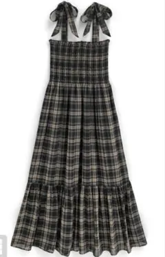【美品】チェック柄リボンシャーリングワンピース[tg735]