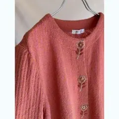 Used ネップキャンディピンク♪ レトロ花刺繍 リブ袖カーディガン