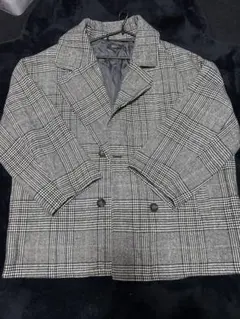 チェック柄 ショート丈コート ダブルボタン グレー