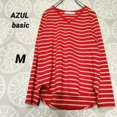 AZUL basic　Ｖネック M 赤×ベージュ　ボーダー 長袖　カットソー