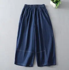 デニムワイドパンツ デニムパンツ 美脚 脚長 ボトム ガウチョパンツ 紺