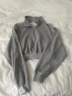 グレー ハーフジップ クロップドスウェット S